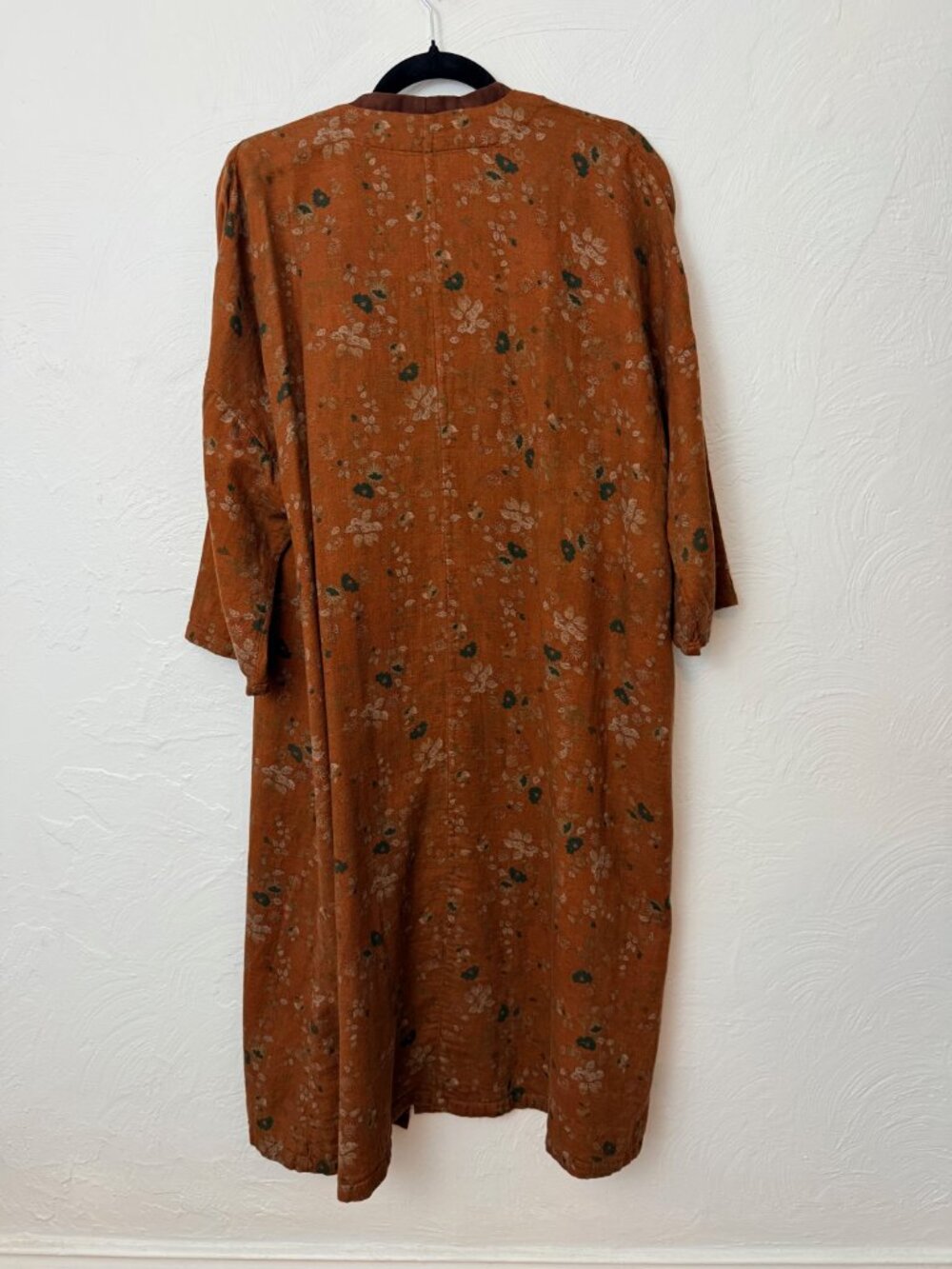 Hand Printed Floral Linen Jacket: Long Cotton Kimono Coat with Pockets - Picture 3 of 6